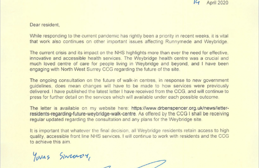 Letter to residents from Dr Ben Spencer MP