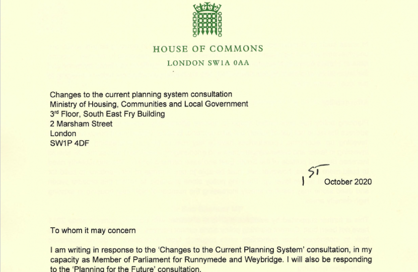 Dr Ben Spencer MP responds to planning policy consultation