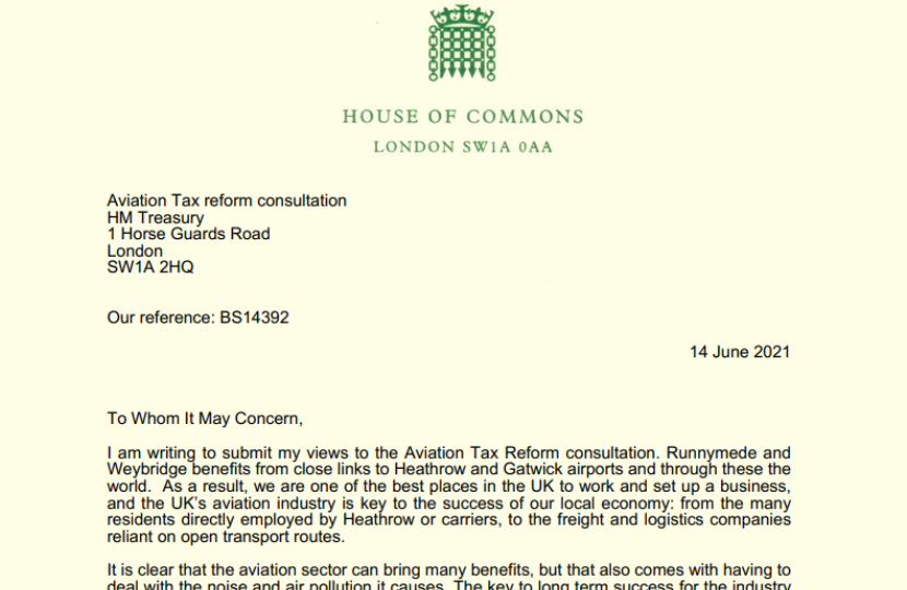 Sustainable aviation: Aviation Tax Reform Consultation Response from Dr Ben Spencer MP
