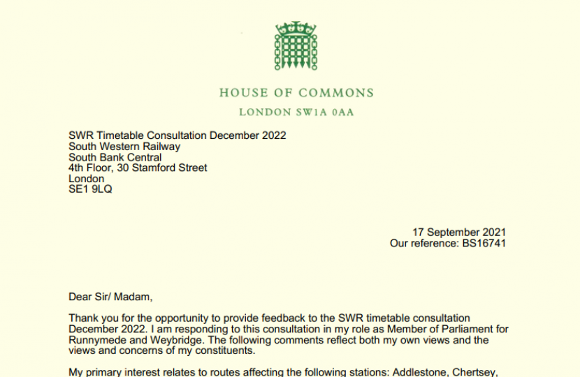 Dr Ben Spencer MP's response to the SWR timetable consultation
