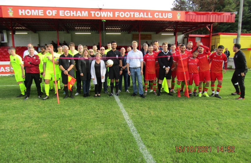 The guests and teams at Egham Town Football Club before the ribbon is cut. Photo courtesy of Mark Ferguson