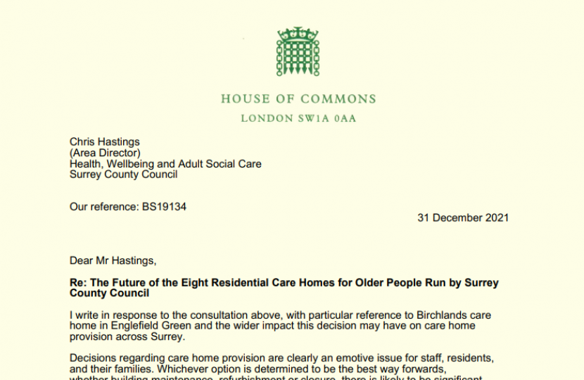 Surrey Care Home consultation response from Dr Ben Spencer MP