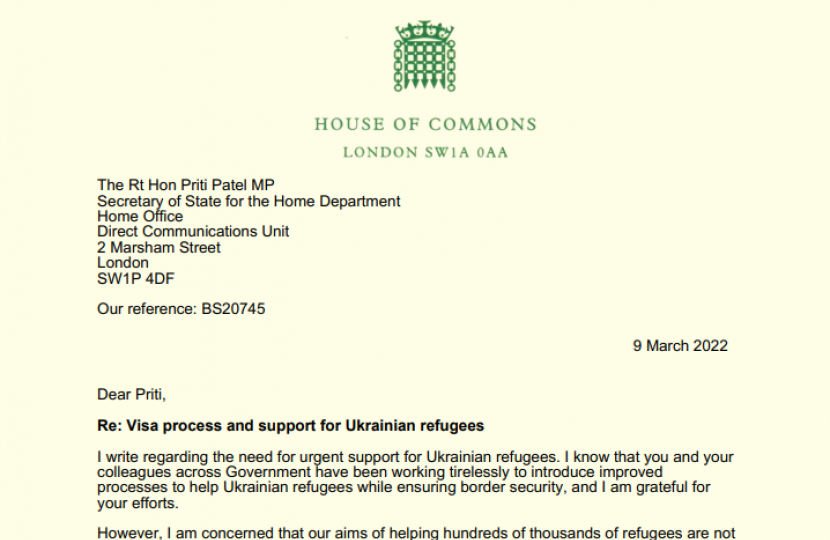 Support for Ukrainian refugees - Letter to the Home Secretary