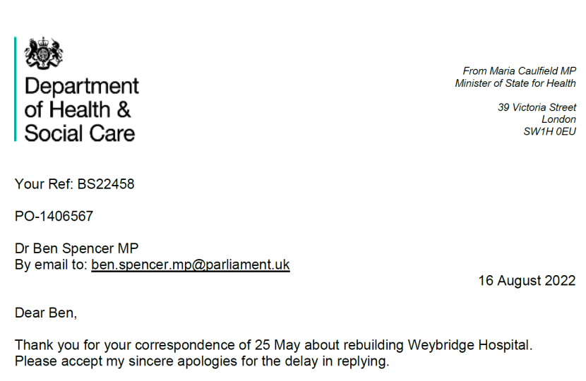 Weybridge hospital Ministerial reply Aug 2022