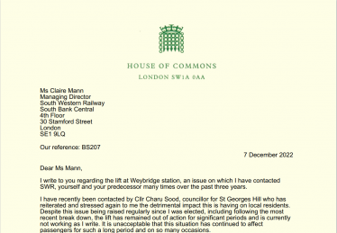 Letter to SWR from Dr Ben Spencer MP - Weybridge Lifts