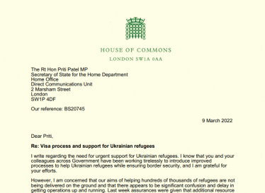 Support for Ukrainian refugees - Letter to the Home Secretary